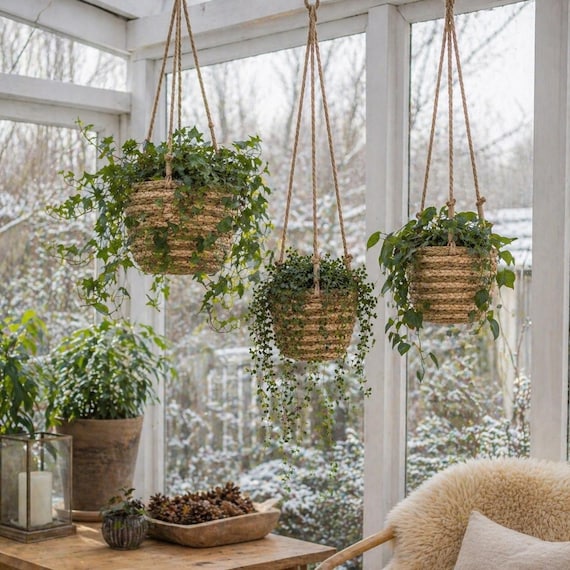 Hängekorb Set 3er, Pflanzkorb zum Aufhängen, Boho Blumentopf, Naturkorb mit Juteseil, Balkon Deko, Pflanzen Ampel - Geschenkidee