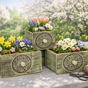 Op de afbeelding: Drie houten bloembakken met lentebloemen. Elke doos heeft een decoratief cirkelvormig ontwerp en een knop. De bloemen zijn onder meer gele narcissen, roze tulpen en witte sleutelbloemen. Een bol touw en een schaar zijn ook aanwezig.