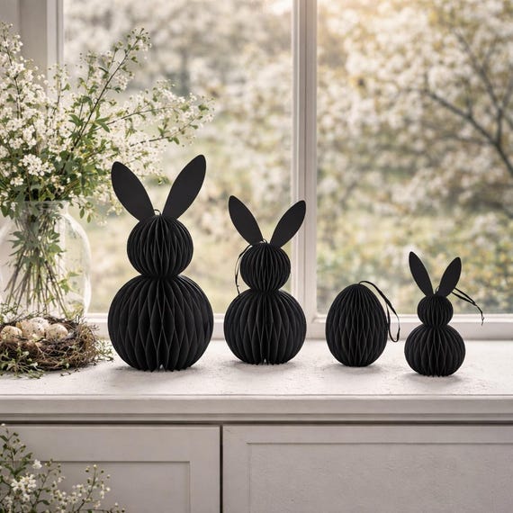 Papier Osterhase faltbar, Osterdekoration zum Hängen, schwarzer Osterhase mit Magnet, Osterei - moderne Osterdeko aus Papier