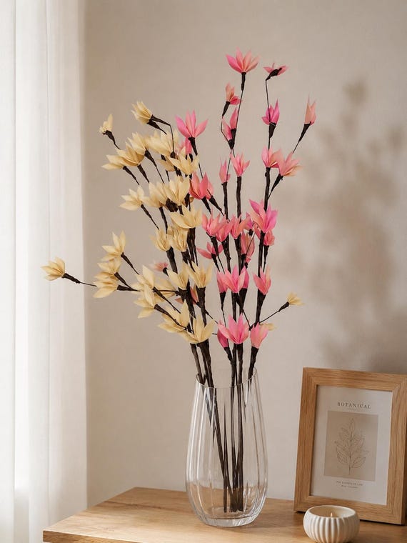 Holzblumen Zweige, Dekozweige für Vase, Blütenzweige Rosa Beige, Frühlingsdeko, Naturdeko - Wohnzimmer Deko - Geschenkidee
