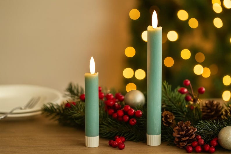 May include: Two lit teal candles with white bases are displayed on a wooden surface, surrounded by a festive arrangement of greenery, red berries, pine cones, and silver ornaments. The background features blurred golden lights.