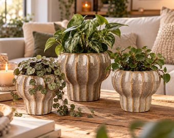 Maceta gris-marrón, maceta antigua esmaltada con diseño ondulado – maceta rústica – decoración para sala de estar – idea de regalo – 3 tamaños
