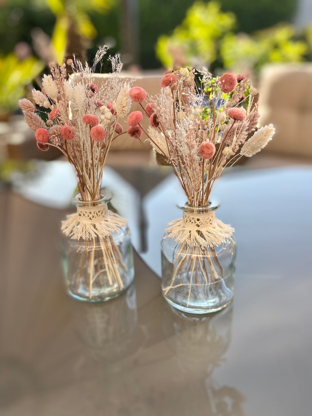 Small Dried Flower Bouquet With Vase Pink and White Table