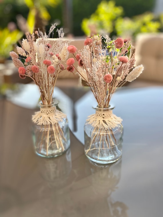 Piccolo bouquet di fiori secchi con vaso, delicato rosa e bianco,  decorazione da tavola, regalo per gli ospiti, vaso di vetro -  Italia