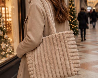 Beige plush handbag for women, soft handbag with magnetic closure, plush tote bag, fluffy bag, shoulder bag, gift idea