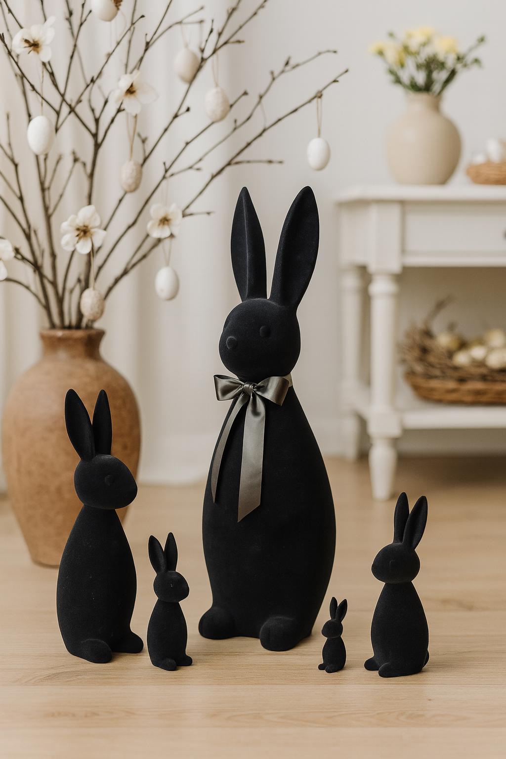 Black Flocked Rabbit, Easter Bunny Decorative Figure Made of