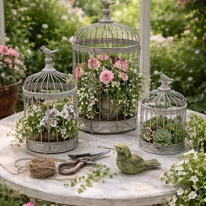 May include: Three decorative, antique-style bird cages filled with flowers and greenery sit on a round, weathered table. The cages are grey with bird toppers. A green bird statue, twine, and scissors are also on the table. The background is a lush garden.
