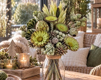 Ramo de flores secas con jarrón de cristal, decoración de mesa navideña, ramo exótico, rústico verde escarchado, flores secas de invierno: idea de regalo
