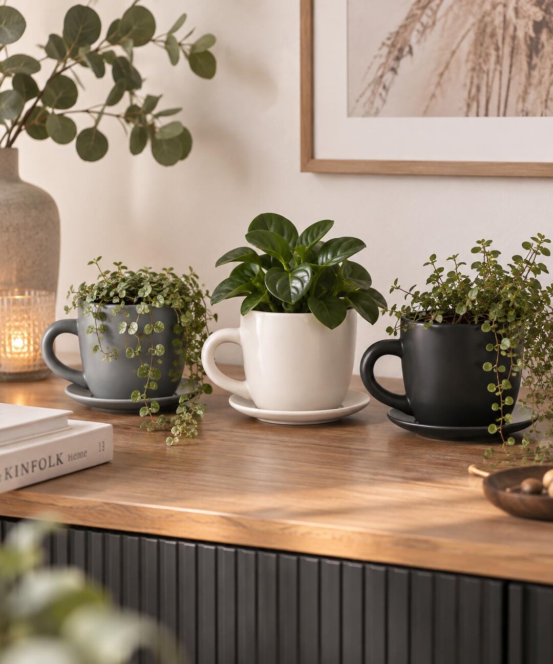 Pflanztasse Keramik mit Untersetzer, Blumentopf Tasse – Pflanzgefäß für Zimmerpflanzen – moderne Wohndeko – Geschenkidee