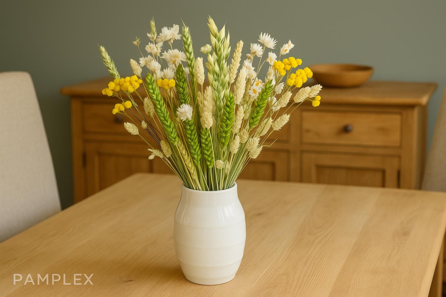 Dried flower bouquet yellow and white, rustic country house decoration - dried bouquet of grains and grasses, dried flowers - dining table or gift