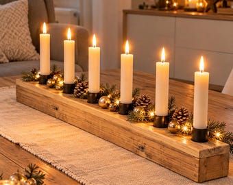 Portacandele in legno per 6 candele, decorazione per l'Avvento e Natale, decorazione per la tavola di Natale, candeliere in legno, decorazione rustica per la tavola - idea regalo