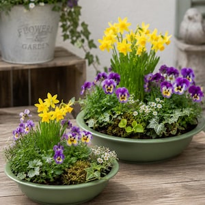 Könnte beinhalten: Zwei runde, salbeigrüne Keramikschalen mit Arrangements aus leuchtend gelben Narzissen, violett-gelben Stiefmütterchen, kleinen weißen Blüten, grünem Efeu und Moos. Die Schalen stehen auf einer Holzoberfläche, im Hintergrund ein Metalleimer.