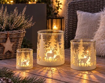 Metalen theelichthouder met glazen kaarsenhouder, hertenmotief, landelijke tafeldecoratie - kerstdecoratie, winterdecoratie, cadeau-idee