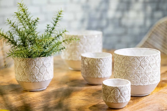 Blumentopf, weiß beige - Übertopf - Keramiktopf „Kreta“ Pfanztöpfe, Boho Deko - 3 größen
