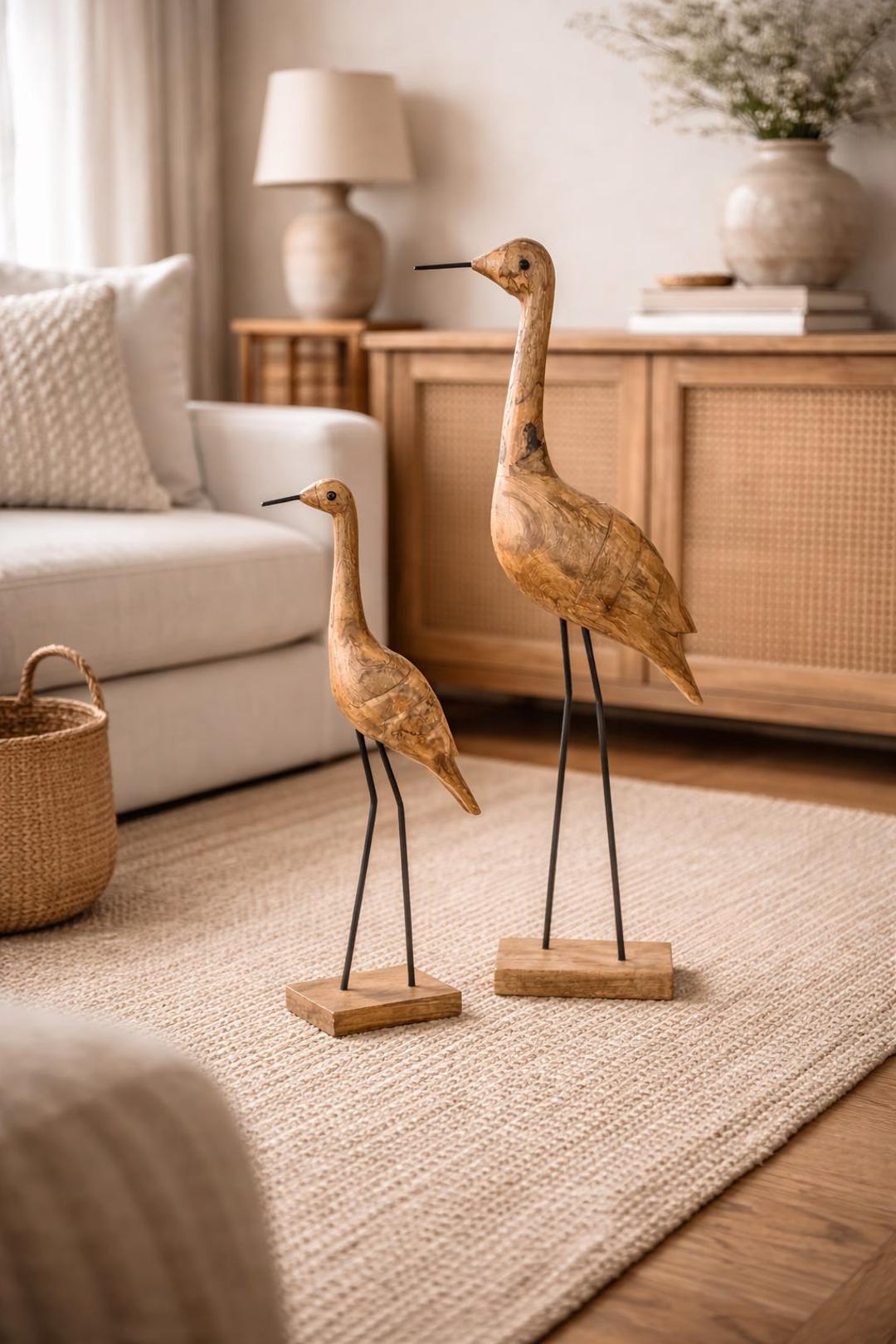 Holz Vogel Skulptur groß, Reiher Deko aus Holz, Bodenfigur Natur Vintage, Holzfigur Vogel, Wohnzimmer Deko - Geschenkidee