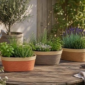 Jardinera con cuerda, maceta con forro para plantar, bandeja para plantar flores y hierbas, decoración para balcón, idea de regalo - 3 colores