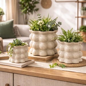 Peut inclure: Trois pots de fleurs en céramique blanc cassé avec un motif de bulles, chacun rempli de verdure. Les pots sont disposés sur une surface en bois avec un chemin de table de ton neutre et un dessous de plat tressé. Le plus grand pot est au centre.
