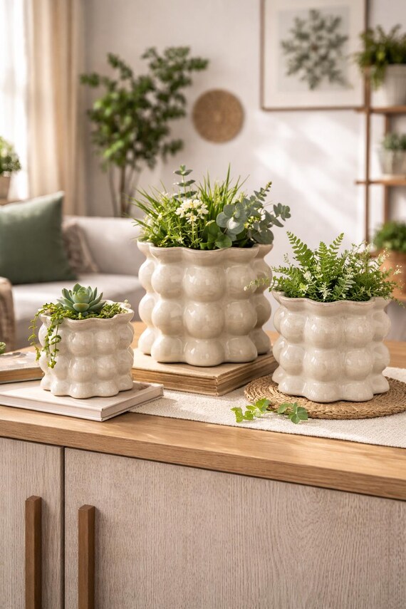 Moderner Blumentopf Beige, Übertopf Noppen Keramik - Pflanztopf - Deko Topf für Wohnzimmer - Geschenkidee - 3 Größen