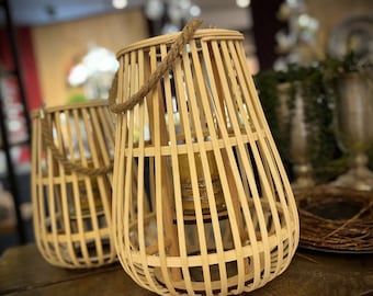 Large rattan lantern - wooden garden lantern - tealight glass - boho patio decoration - gift idea