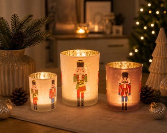 Nussknacker Windlicht, Teelichthalter Weihnachten, Glas Windlicht weiß oder rosa, 3 Größen, Weihnachtsdeko, Teelichtglas - Geschenkidee