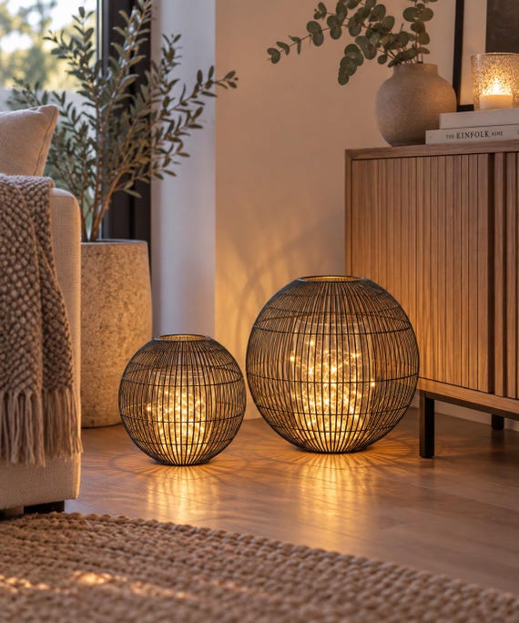 Laterne Metall rund, Windlicht Draht, Drahtlaterne Schwarz, Kerzenhalter groß, Wohnzimmer Deko, Tischdeko, moderne Wohndeko, 2 Größen