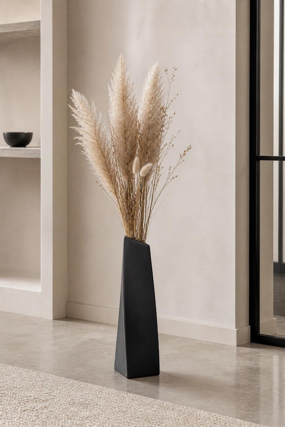 Floor Vase, Matte Black, Modern Ceramic Vase, Large Vase 41 Cm, Twisted Designer Vase, Minimalist Decorative Vase for Pampas Grass