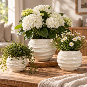 Blumentopf Weiß, Übertopf für Zimmerpflanzen – Keramik Pflanztopf gewellt – Creme Weiß –Wohnzimmer Deko - 3 Größen – Moderne Wohndeko