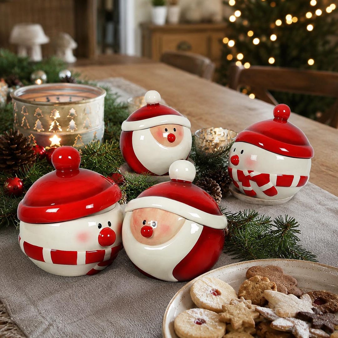 Keksdose Weihnachten, Schneemann oder Nikolaus - Keramik Schale mit Deckel - Aufbewahrung Süßigkeiten - Geschenkidee Weihnachten - 2 Größen
