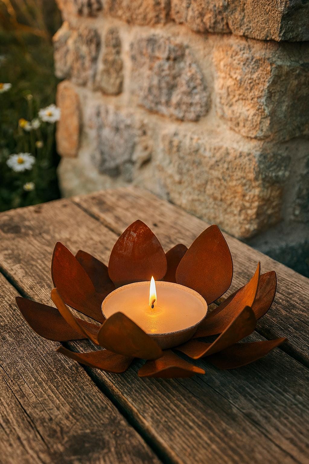 Rust candle holder - Lotus flower candle bowl - Metal flame bowl holder - Garden torch - Autumn garden decoration - Gift idea