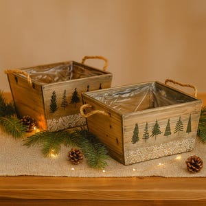 Set of 2 wooden plant boxes - wooden boxes with Christmas tree motif - rustic flower box - windowsill, Christmas decoration