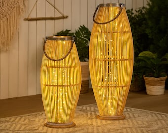 Farol grande de madera, farol de jardín de ratán, farol decorativo bohemio, portavelas para balcón/terraza - idea de regalo para el jardín - 2 tamaños