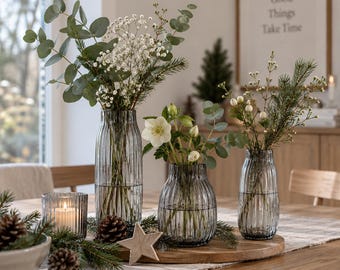 Vaso in vetro antracite, vaso in vetro a coste, vaso per fiori in vetro, vaso decorativo, decorazione per tavolo da soggiorno, vaso per fiori secchi – 3 misure