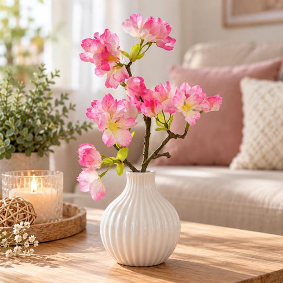 Künstlicher Blütenzweig 40 cm – Rosa Kirschblüten Zweig – Kunstblume mit Blüten & Knospen – Frühlingsdeko für Vase