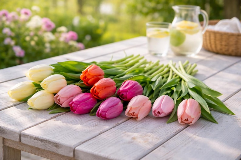 Tulpen Kunstblumen 25 cm in Vase dekoriert als Frühlingsdeko für Wohnzimmer