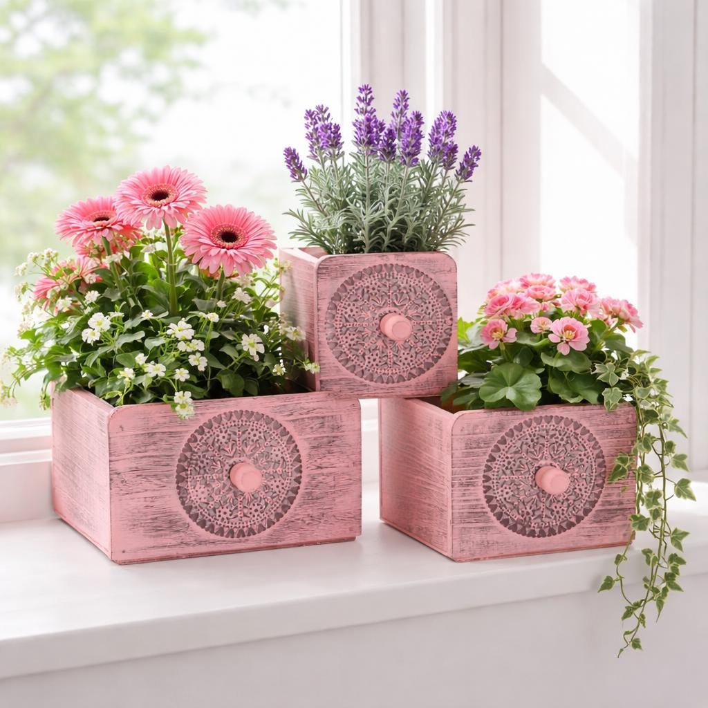 Wooden Vintage Planter Box, 3-piece Set, Square With Ornament