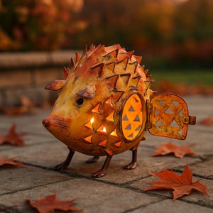 Peut inclure: Une lanterne en forme de hérisson en métal, peinte en orange et jaune, avec une porte à charnière. La lanterne a des découpes triangulaires pour laisser passer la lumière. Le hérisson est posé sur une surface en pierre, entouré de feuilles mortes.