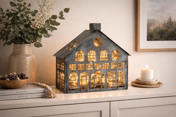 Large Metal House Lantern With Glass Holders, Decorative Metal House, Light-up House - Modern Table Decoration, Gift Idea for the Home - 2 Sizes
