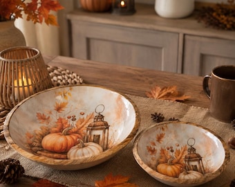 Rustikale Holzschale Kürbise, Herbstdeko Motiv Holzschüssel, Dekoschale mit emailliertem , Naturholz Schale, Tischdeko Herbst - Geschenkidee