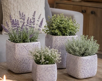 Ceramic flower pot, cream with lilac speckles, cube-shaped planter – modern square plant pot – gift idea – 4 sizes