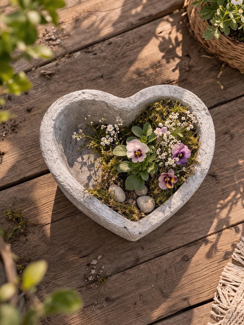 May include: A heart-shaped concrete planter filled with moss, small stones, and pansies with purple and yellow petals. The planter sits on a wooden surface, with a woven basket in the background.