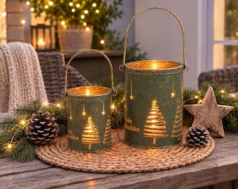 Weihnachtslaterne Tannenbaum, Windlicht Metall Weihnachten, Kerzenhalter Adventsdeko, Weihnachtsdeko, Grün Gold - Geschenkidee -  2 Größen