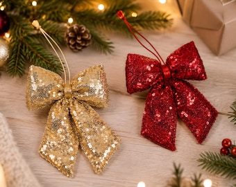 Gold and red Christmas bows, set of 3, decorative bows with sequins, Christmas tree ornaments, Christmas tree decorations, gift bows