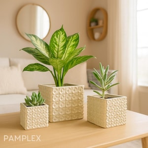 Square white flowerpot – Modern planter – Plant pot – Relief design – 3 sizes
