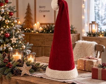 Cappello di Natale XL, grande cappello di Babbo Natale rosso e bianco – Decorazione natalizia XXL – Cappello decorativo con pon-pon – Cappello da elfo di Natale - 103 cm