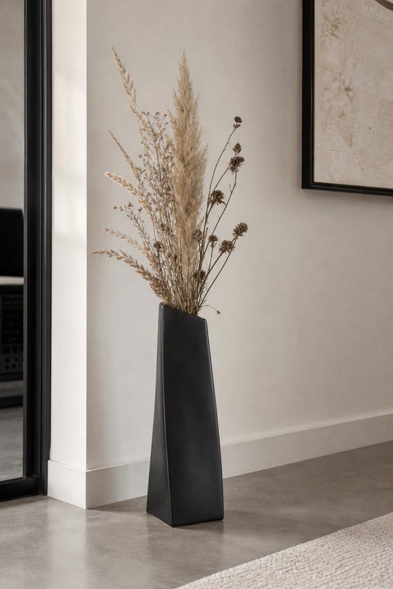 Floor Vase, Matte Black, Modern Ceramic Vase, Large Vase 41 Cm, Twisted Designer Vase, Minimalist Decorative Vase for Pampas Grass