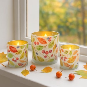 Tealight glass with autumn berries - glass lantern, rosehips - autumn decoration - tealight holder berries colorful, glass light table decoration - gift idea