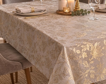 Beige and gold tablecloth, 140 x 250 cm, Christmas tablecloth, festive table decoration, Christmas decoration, gold tablecloth, Advent decoration