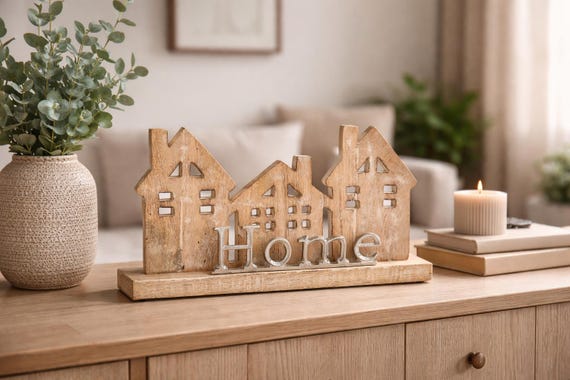 Home Deko Holz Häuser, Schriftzug Home, Tischdeko Wohnzimmer modern, Landhausstil, Geschenk Einzug Haus
