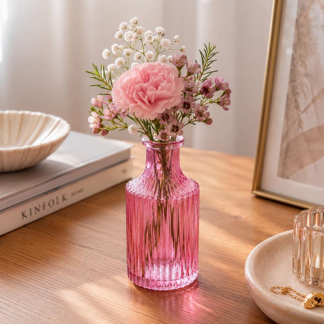 Small Pink Glass Vase, Flower Vase With Grooves - Modern Table Vase - Wedding Decoration Vase - Spring Decoration - Pink Table Decoration - Gift Idea