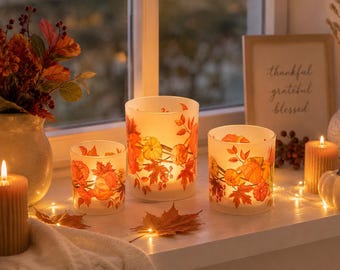 Herbst Windlicht Glas, Teelichthalter Kürbis Motiv, Herbstdeko, Windlicht für Teelichter, 3 Größen zur Auswahl, Herbstzauber - Geschenkidee